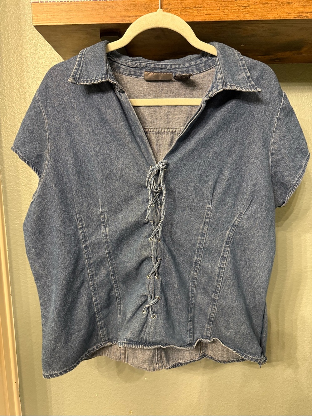 Vintage Y2K Denim Corset Lace Up Top Blouse Plus Size 2X Chambray Tie Front